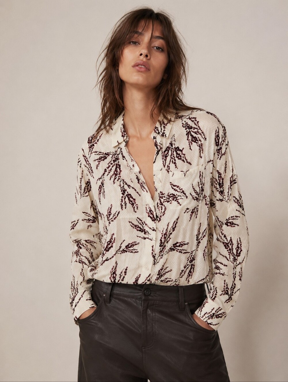 Equipment Femme Botanical Print Button Down Blouse Size XS Cream Burgundy Top
